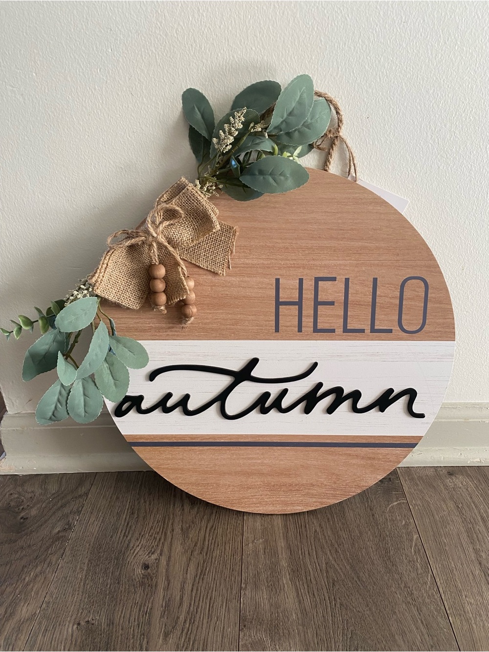 Hello Autumn Round Wood Wall Sign with Greenery